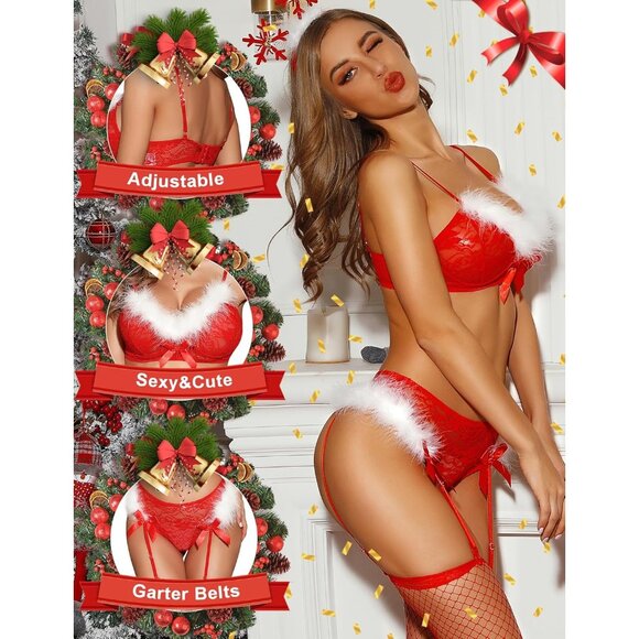 Women's Sexy Santa Christmas Lingerie Set with Garter Belts Lace Bodysuit - Picture 3 of 5